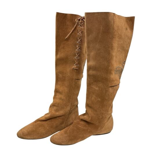 Maine Woods Shoes - Maine Woods Knee High Boots Size 8.5 Vintage Tribal Tall Slouchy Tan Suede Studs